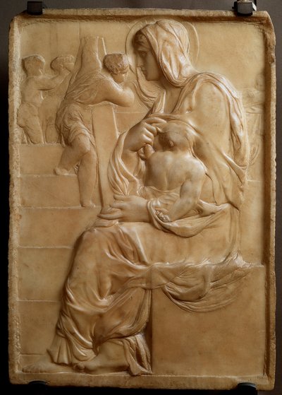 Jomfru på trappene (Madonna della Scala) Lavt marmorrelieff av Michelangelo Buonarroti dit Michel Ange (Michelangelo eller Michelangelo av Michelangelo Buonarroti