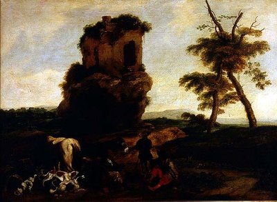 Et landskap med reisende som hviler i nærheten av et vertshus av Michelangelo Cerquozzi