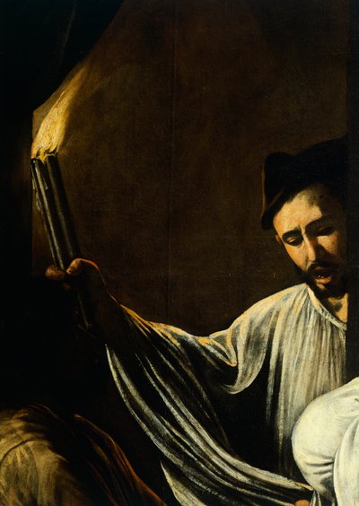 En mann som holder en fakkel og begraver en død, detalj fra Our Lady of Mercy eller Seven Acts of Mercy, ca. 1606-07 (olje på lerret) av Michelangelo Merisi da Caravaggio