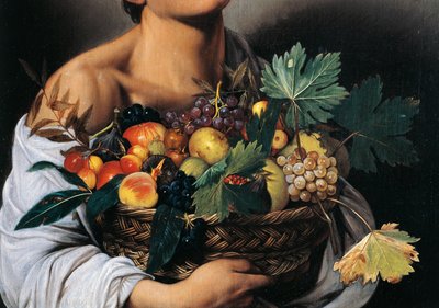 Gutt med en kurv med frukt, detalj av Michelangelo Merisi da Caravaggio