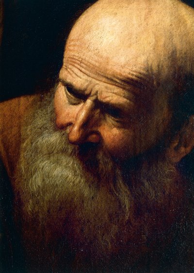 Face of Abraham, detalj av The Sacrifice of Isaac, ca. 1603-04 (olje på lerret) av Michelangelo Merisi da Caravaggio
