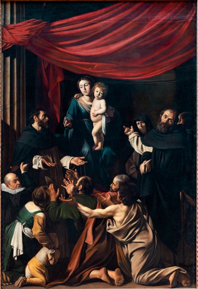 Madonna på rosenkransen (olje på lerret av Michelangelo Merisi da Caravaggio