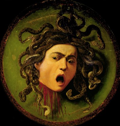 Medusa, malt på et styrerskjold i skinn, ca. 1596-98 (olje på lerret festet til tre) (forhåndsrestaurering) av Michelangelo Merisi da Caravaggio
