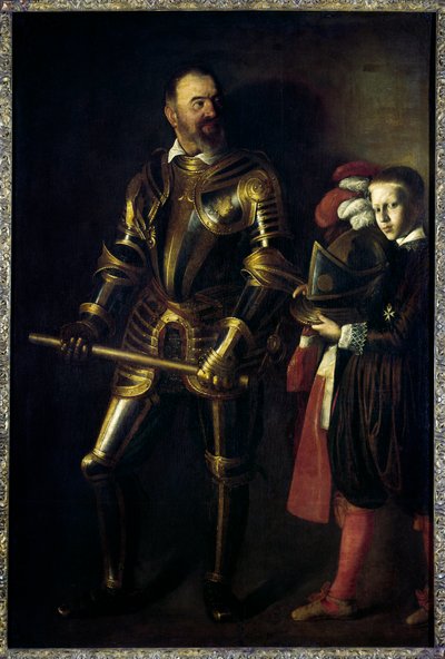 Portrett til fots av Alof de Wignacourt (1547-1622) Stormester av Maltas orden fra 1601 til 1622, og hans side Maleri av Michelangelo Merisi dit Le Caravaggio ou il Caravaggio (1571-1610) 1608 Søn. 1,94x1,34 m av Michelangelo Merisi da Caravaggio