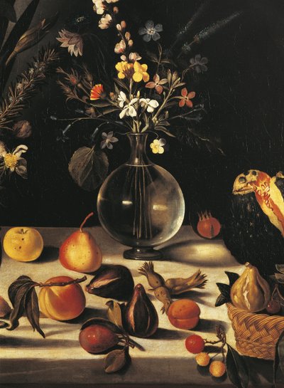 Stilleben med blomster og frukt, av Master of the Hartford Still Life, ca. 1600-10 (olje på lerret) (detalj av 507174) av Michelangelo Merisi da Caravaggio