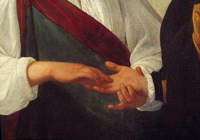 Spåkonen Detalj som representerer hånden til klienten strukket ut i den til kvinnen som leser linjene i håndflaten hans. Maleri av Michelangelo Merisi da Caravaggio dit Le Caravaggio (ca. 1571-1610) Søn. 0,99x1,31 m av Michelangelo Merisi da Caravaggio