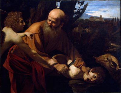 Isaks offer En engel holder Abrahams hånd foran ofringen til hans sønn Isak befalt av Herren. Maleri av Michelangelo Merisi kalt The Caravaggio eller il Caravaggio (1571-1610) 1594-1596 Dim. 104x135 cm Firenze, Galleria degli Uffizi ( av Michelangelo Merisi da Caravaggio