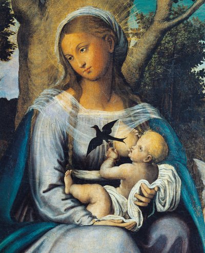 Hvil i Egypt, detalj fra sentralpanelet til Triptych of Consolation (tempera og olje på panel) av Michele (attr.) Cavaro