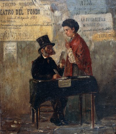 Teaterplakater og offentlig skribent, av Michele Cammarano (1835-1920) av Michele Cammarano