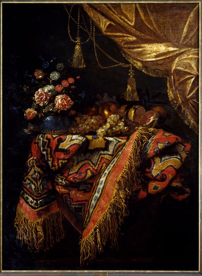 Stilleben Frukt og blomster posert på en duk. Maleri av Michelangelo Campidoglio (1610-1670) 1600-tallet Rennes, Museum of Fine Arts. av Michele Pace del Campidoglio