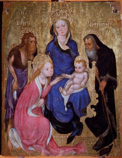 Det mystiske ekteskapet til Saint Catherine med de hellige døperen Johannes og Anthony av Egypt - Maleri, rundt 1420 av Michelino Molinari da (attr. to) Besozzo