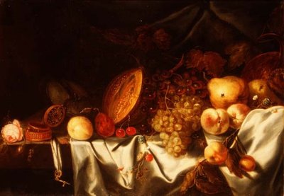 En melon, druer og annen frukt med en rose, en nautiluskopp og en kantklokke på en drapert kant av Michiel (follower of) Simons