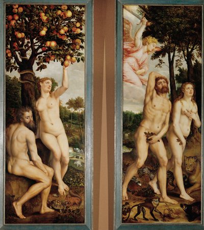 Fallet og utvisningen fra paradiset To fløyer av et alter (maleri på eik) av Michiel I Coxie or Coxcie