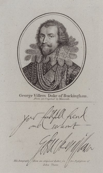 George Villiers hertug av Buckingham , engelsk hoffmann, politiker og favoritt til kong James I (gravering) av Michiel Janszoon van (after) Miereveldt