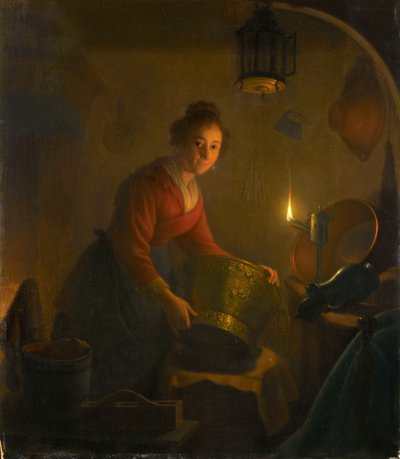 Woman in a Kitchen by Candlelight, ca. 1830 (olje på panel) av Michiel Versteegh