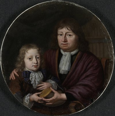 Dobbeltportrett av Isaac Pontanus og Hendrik van Beek Isaac Pontanus (1625-1710) gir barnebarnet Hendrik van Beek en gullmedalje av Michiel van Musscher (signed by artist)