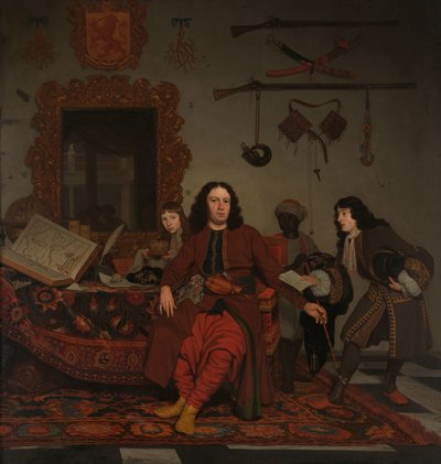 Thomas Hees og hans tjener Thomas og nevøene Jan og Andries Hees Portrett av Thomas Hees (f. 1634/35), bosatt og kommissær for statens general til regjeringene i Alger, Tunis og Tripoli, med nevøene Jan (f. 1670/71) og Andries (f. 1). av Michiel van Musscher