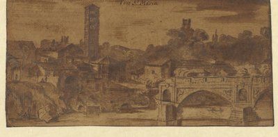 Utsikt over S. Maria i Cosmedin, Vesta-tempelet og Ponte S. Maria i Roma av Michiel van Overbeek