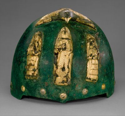 Hjelm med guddommelige figurer under en fugl med utstrakte vinger, ca. 1500-1100 f.Kr. (bronse, gullfolie over bitumen) av Middle Elamite Period