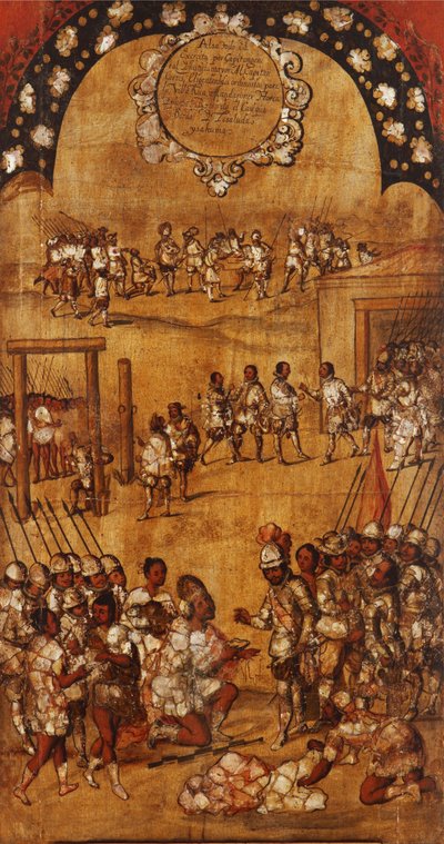 Erobringen av Mexico, Panel III, ca. 1696-1715 (maling på tre) av Miguel Gonzalez