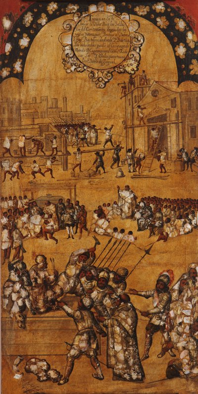 Erobringen av Mexico, Panel IV, ca. 1696-1715 (maling på tre) av Miguel Gonzalez