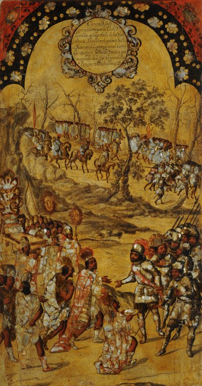 Erobringen av Mexico, Panel VIII, ca. 1696-1715 (maling på tre) av Miguel Gonzalez