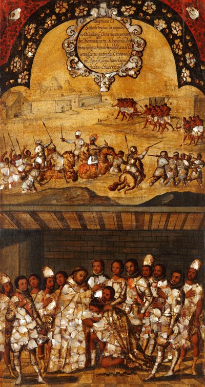 Erobringen av Mexico, Panel XIX, ca. 1696-1715 (maling på tre) av Miguel Gonzalez