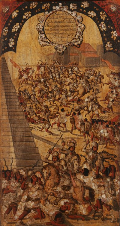 Erobringen av Mexico, Panel XVI, ca. 1696-1715 (maling på tre) av Miguel Gonzalez