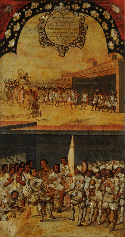 Erobringen av Mexico, Panel XV, ca. 1696-1715 (maling på tre) av Miguel Gonzalez
