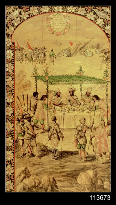 Erobringen av Mexico: Hernando Cortes (1485-1547) beordrer ødeleggelsen av skipene og møter ambassadørene i Montezuma (1466-1520) i 1520 av Miguel and Juan Gonzalez