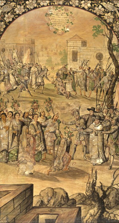 Erobringen av Mexico av Hernan Cortes par Gonzalez, Miguel og Juan (aktiv slutten av 1600-tallet). Olje på tre, størrelse: 97x53 av Miguel and Juan Gonzalez