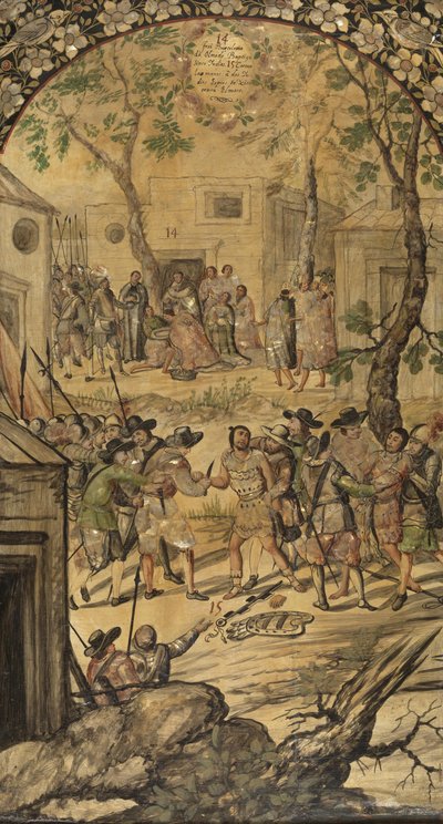 Erobringen av Mexico av Hernan Cortes par Gonzalez, Miguel og Juan (aktiv slutten av 1600-tallet). Olje på tre, størrelse: 97x53 av Miguel and Juan Gonzalez