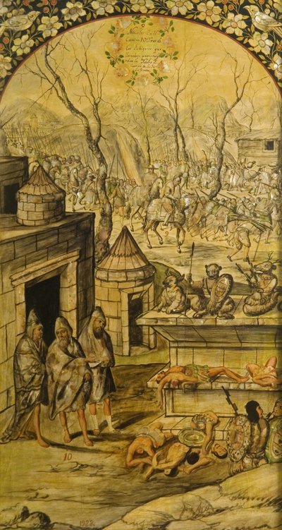 Erobringen av Mexico av Hernan Cortes par Gonzalez, Miguel og Juan (aktiv slutten av 1600-tallet). Olje på tre, størrelse: 97x53 av Miguel and Juan Gonzalez