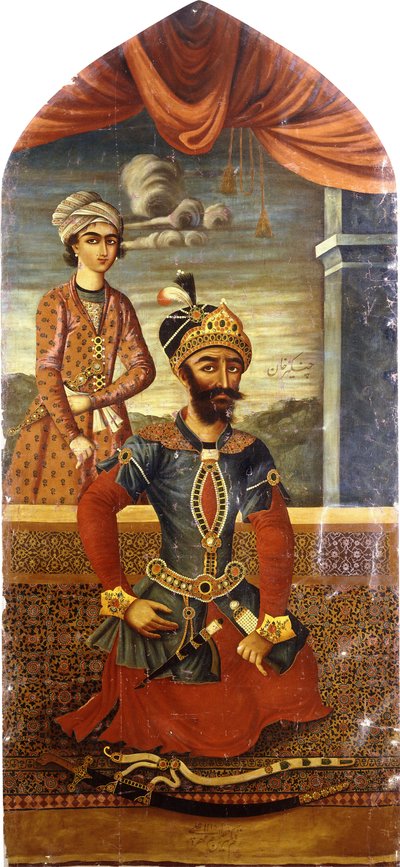 Portrett av Genghis Khan, med en ungdom tilstede, ca. 1803-4 av Mihr Ali