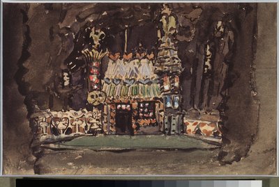 Forberedende dekor for operaen "Hansel and Gretel" av Engelbert Humperdinck (1854-1921) (Scenedesign for operaen Hansel And Gretel) - Oeuvre de Mikhail Alexandrovich Vrubel (Vroubel) (1856-1910), fargestift, aquarelle et gouache på papir av Mikhail Aleksandrovich Vrubel
