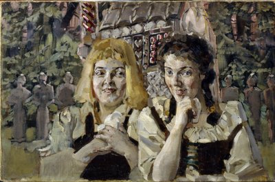 Hansel og Grete (Hansel and Gretel). Portretter av de to barna fra fortellingen om brødrene Jacob (1785-1863) og Wilhelm (1786-1859) Grimm, med grådige øyne foran godterihuset. Maleri av Mikhail Alexandrovich Vrubel (Vrubel) (1856-1910), olje på av Mikhail Aleksandrovich Vrubel