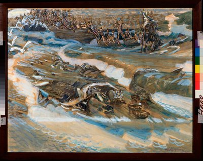Illustrasjon pour le conte du czar Saltan de Alexandre Pouchkine (1799-1837) (Illustrasjon for eventyret om tsaren Saltan av A Pushkin) - Verk av Mikhail Alexandrovich Vrubel (Vrubel) (1856-1910), akvarell, gouache, gull og penger på papir av Mikhail Aleksandrovich Vrubel