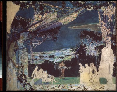 Italie, nuit a Naples - Prosjekt for sceneteppet til det private russiske teateret (Italia, Night In Naples, gardindesign for det private russiske teateret) - Verk av Mikhail Alexandrovich Vrubel (Vroubel) (1856-1910), blyant og akvarell på papir av Mikhail Aleksandrovich Vrubel