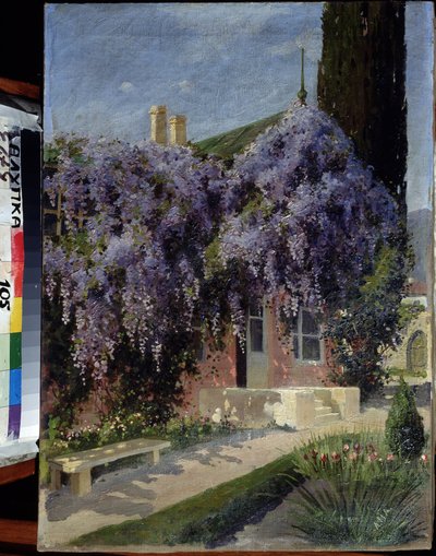 Et hus flettet sammen med blåregn. Maleri av Mikhail Alexandrovich Alisov (1859-1933). Olje på lerret, 62,3 x 44,4 cm. Russisk skole tidlig på 1900-tallet. Museum for arkitektur og kunst, Alupka, Ukraina. ©FineArtImage/Leemage av Mikhail Alexandrovich Alisov