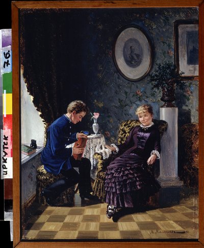 Begynnelsen (Debuten). I en stue, head to head mellom en sjenert ung mann, som holder en bok og en smilende ung jente, møte en kjærlighetserklæring. Maleri av Mikhail Georgievich Malyshev (1852-1914), olje på lerret av Mikhail Georgievich Malyshev