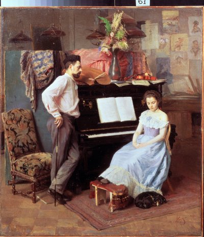 ""Kunstneren og hans kone"" Den unge kvinnen med senkede øyne sitter ved pianoet under ektemannens blikk. Maleri av Mikhail Ignatiev (1870-1934) rundt 1900 Regional Art Gallery, Vologda av Mikhail Ignatiev