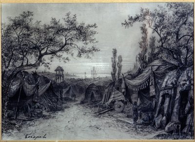 Forberedende dekor for operaen ""Prince Igor"" av Alexandre Borodin (1833-1887) (Scenedesign for operaen ""Prince Igor"" av A.Borodin). En militær leir av telt, innrammet av trær, med tre figurer, inkludert en musiker. Kunstverk av Mikhail Ily av Mikhail Ilyich Bocharov