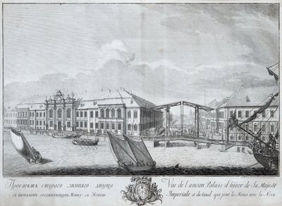 Utsikt over det andre vinterpalasset med kanalen som forbinder Moika med Neva, 1753 av Mikhail Ivanovich Makhaev