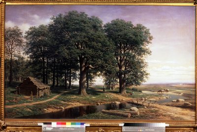 En Chesnaie. (En eikelund). Landskap med høye eiker og en trehytte, nær en elv som bukter seg mot horisonten, med figurer og kyr som drikker vann. Maleri av Mikhail Konstantinovich Klodt baron von Jurgensburg (Micha av Mikhail Konstantinovitch Clodt von Jurgensburg