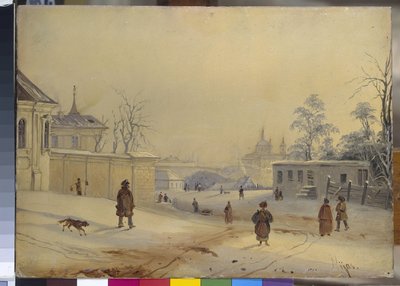Vladimir Hill i Kiev (Vladimir Hill (Vladimirskaya Gorka) i Kiev). Landskap under snøen. Verk av Mikhail Makarovich Sazhin (1818-1887), olje på papp. Russisk kunst fra 1800-tallet. Statens russiske museum, St. Petersburg av Mikhail Makarovich Sazhin