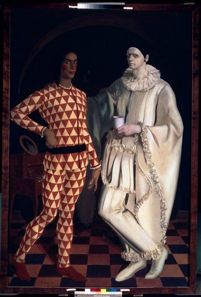 Harlekin og Pjerrot (Selvportretter, i kostymer fra Comedia dell Arte) - Harlekin og Pjerrot (Selvportretter) - Maleri av Alexander Yevgenyevich Yakovlev (Alexandre Iacovleff) (1887-1938), olje på lerret av Mikhail Nikolayevich Yakovlev