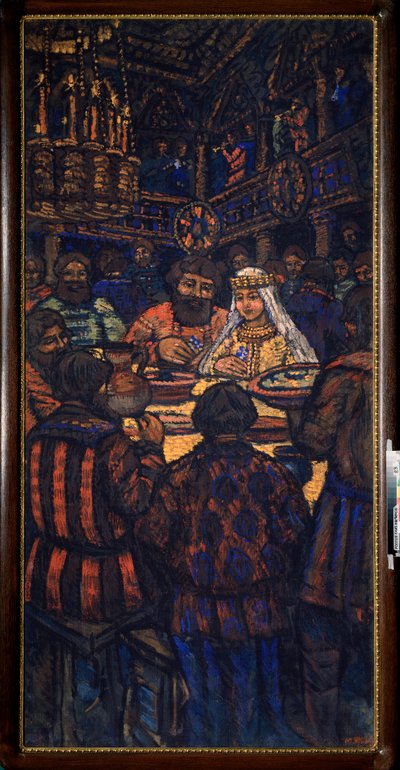 The Wedding of the Grand Duke Vladimir I Svyatoslavich (kjent som den store eller røde solen, 958-1015) (The Wedding of the Grand Duke Vladimir I Svyatoslavich) Bryllupsbankettscene - Maleri av Mikhail Nikolayevich Yakovlev (1880-1942), olje på lerret, ca  av Mikhail Nikolayevich Yakovlev