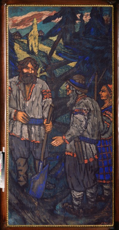 Bryllupet til storhertugen Vladimir I Svyatoslavich (kalt den store eller røde solen, 958-1015) (Bryllupet til storhertugen Vladimir I Svyatoslavich) Vladimir snakker med en spade med et par bønder - Maleri av Mikhail Nikolayevich Yakovlev (1880) -1 av Mikhail Nikolayevich Yakovlev