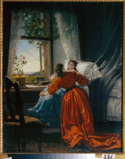 Besøket til de syke (Visiting the Sick) en kvinne putter en liten jente i et sete, installert nær vinduet - Maleri av Mikhail Petrovich, Baron Klodt (1835-1914), olje på kobber av Mikhail Petrovich Klodt