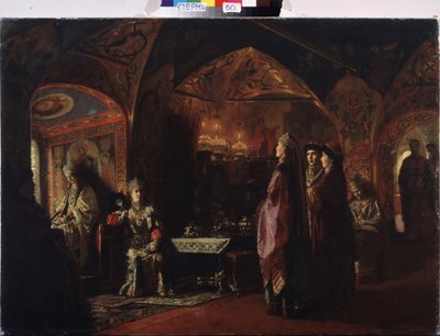 Tsarinaens bolig (Tsarevnas bolig). Komposisjon over temaet gamle Russland, tradisjonell drakt og dekorasjon av fyrstedømmet Moskva. Maleri av Baron Mikhail Petrovich Klodt (1835-1914), olje på lerret av Mikhail Petrovich Klodt